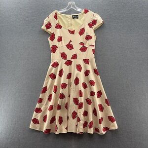Lady Vintage Dress 12 Cream Red Lip Print Retro Rockabilly Pinup Fit Flare Midi